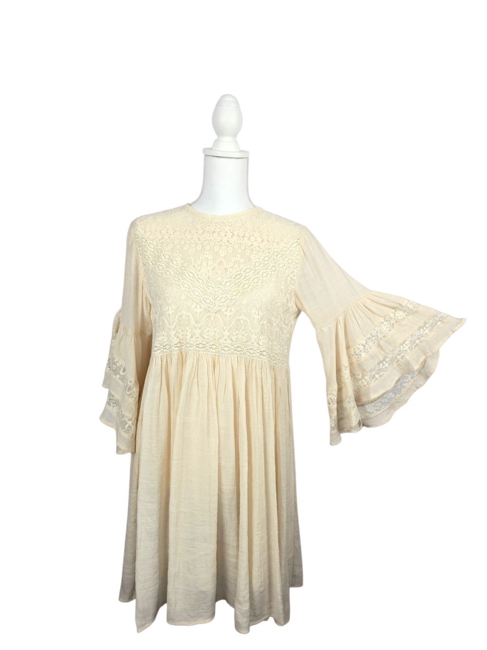 NWT Umgee Cream Babydoll Lace Textured Bell Sleeve Dress